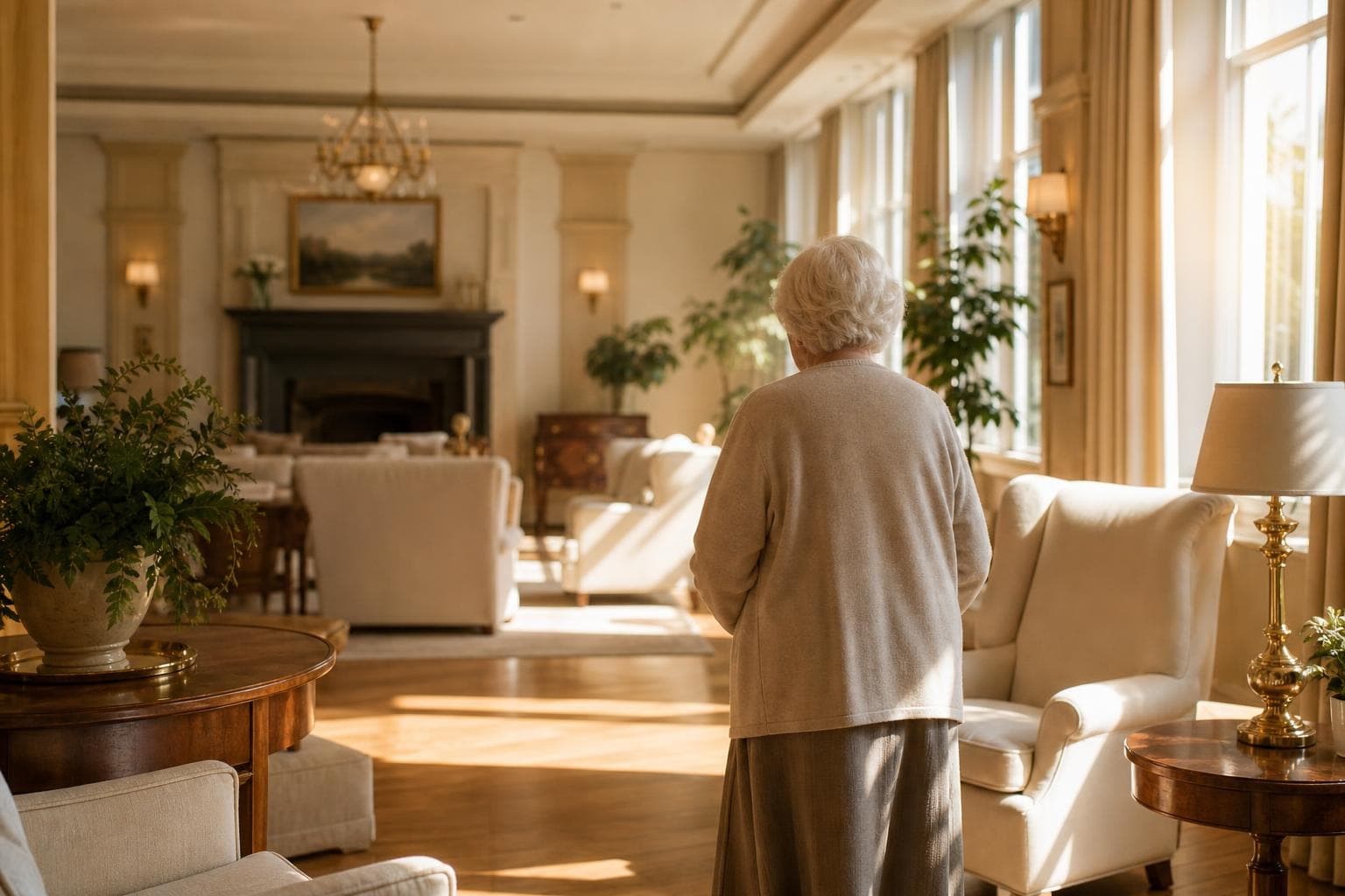Résident senior dans le salon lumineux d’une résidence services.
