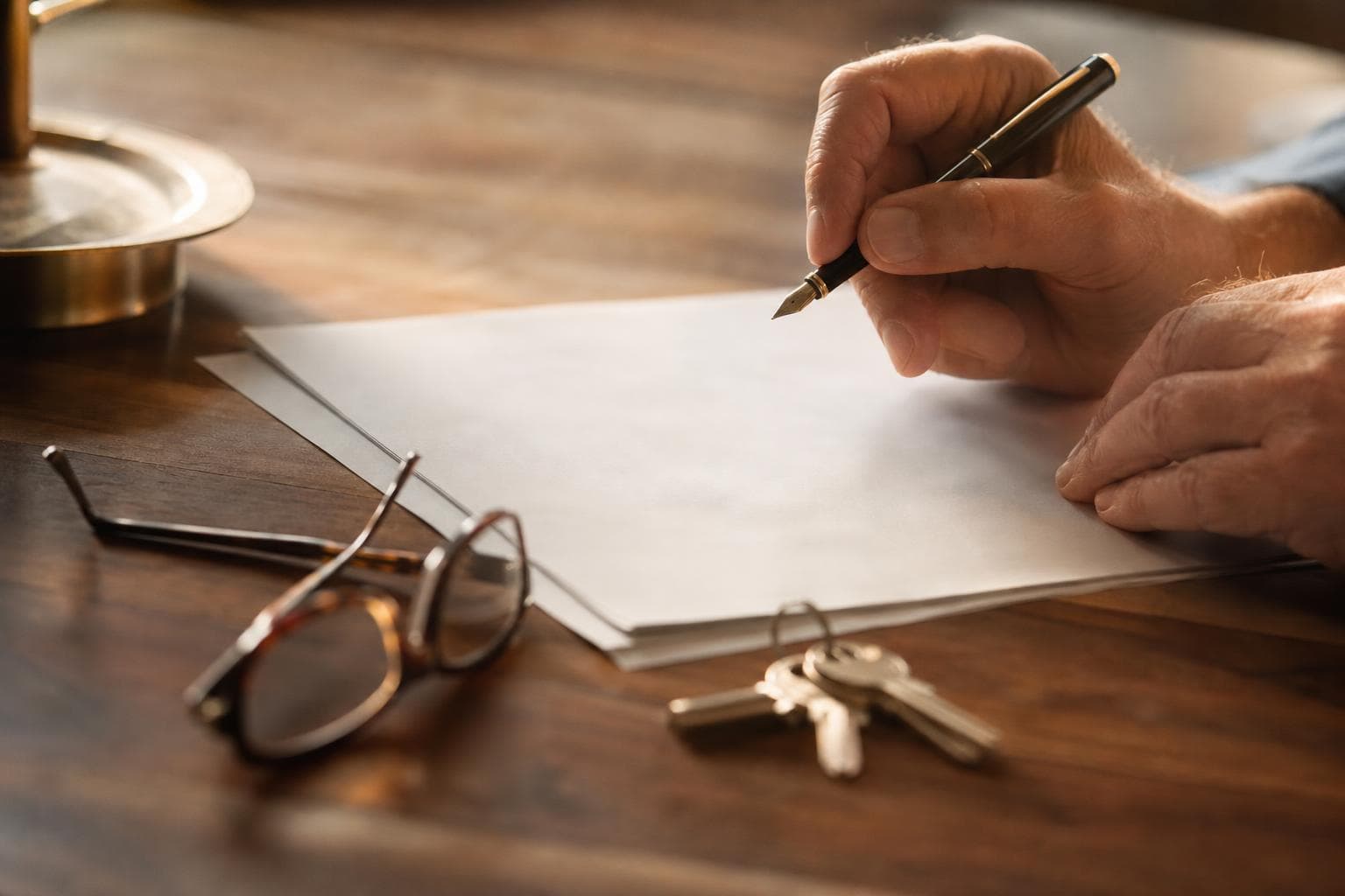 Signature d’un bail commercial, documents sur une table en bois.