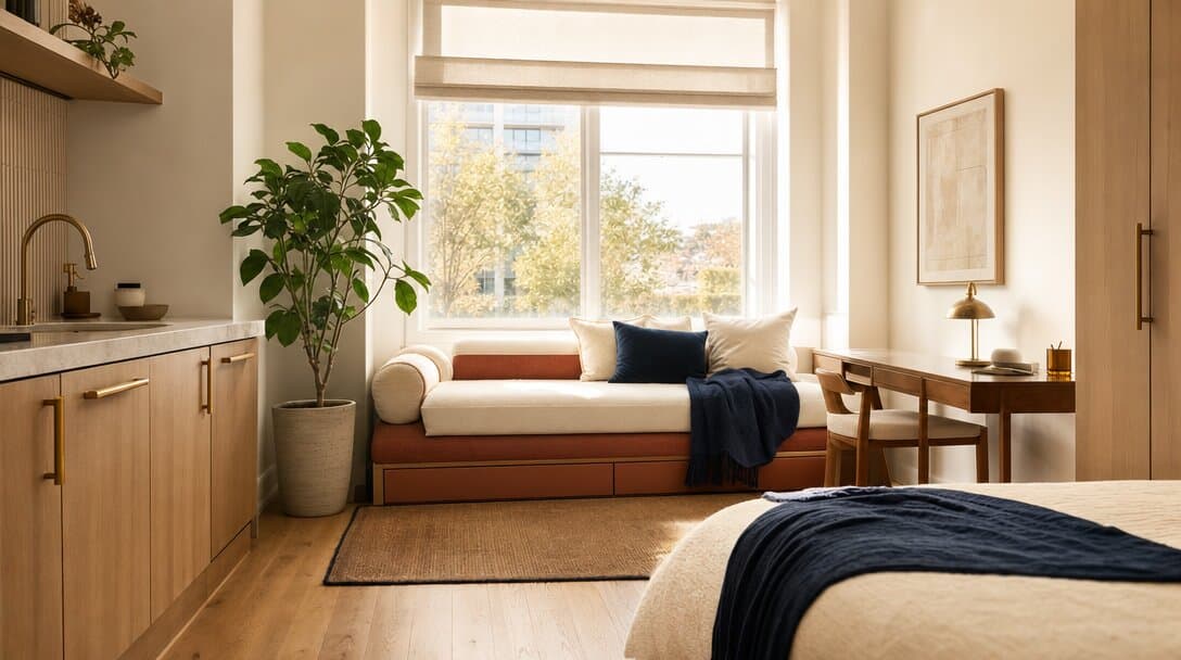 Studio meublé d’une résidence gérée, lumière naturelle, mobilier soigné.