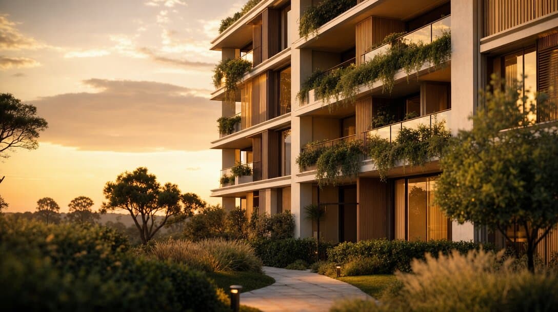 Façade d'une résidence services contemporaine au soleil couchant.