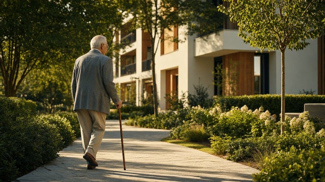 Résident senior dans le jardin paysager d’une résidence services.