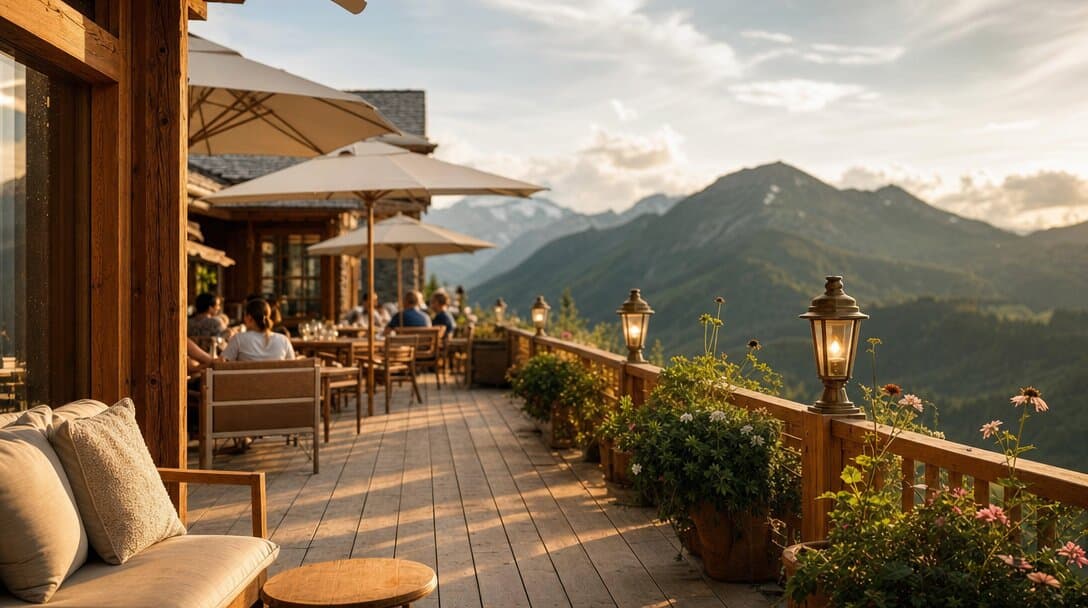 Terrasse d’une résidence de tourisme, vue dégagée sur un site recherché.